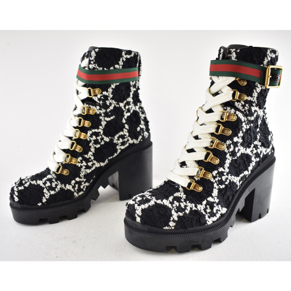 Gucci Black White GG Logo Tweed Lace Up Tie Block Heel Lug Sole Combat Boot 36.5 - Picture 14 of 16